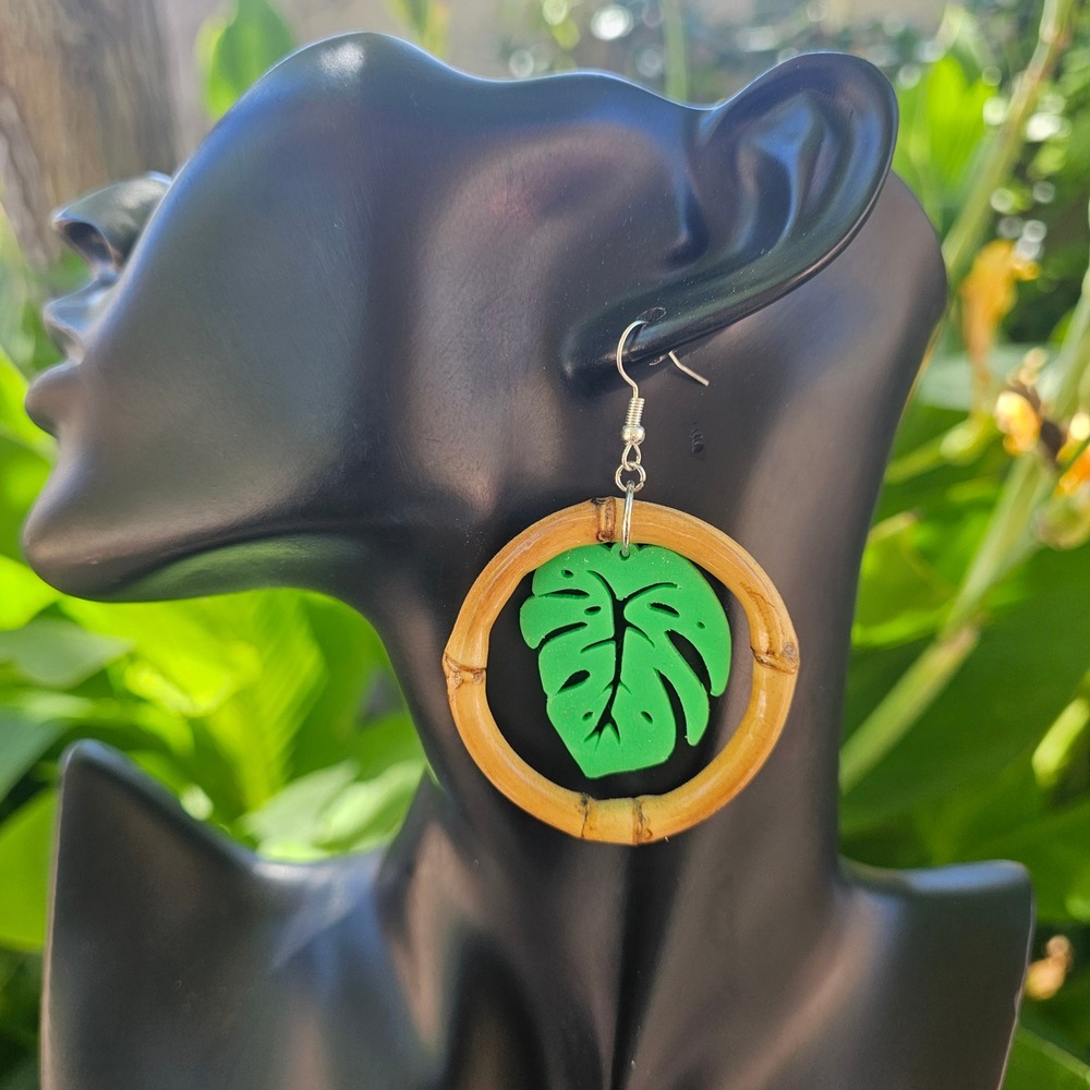 Handmade Neon Green Monstera Leaf Bamboo Hoop Dangle Earrings Tropical Tiki